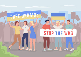 War in Ukraine protest flat color raster illustration. Free Ukraine posters. Fighting for human rights. Activists 2D simple cartoon characters with crowd on background