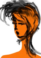 Orange portrait with black ink brushstrokes 