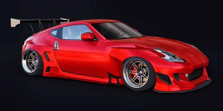 Tokyo. Japan. March 3, 2022. Green Nissan Z. Tuned sports racing car with arch extensions, air suspension and a huge spoiler. 3d rendering.