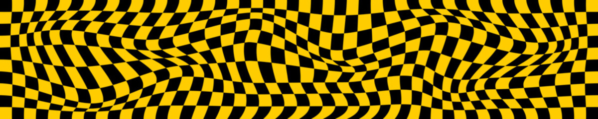 Psychedelic pattern with distorted black and orange squares. Checkered optical illusion. Warped chessboard background. Trippy checkerboard surface
