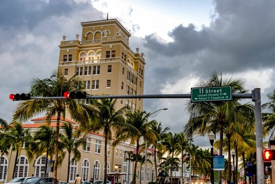 View of a street sign with the LGBT visitor center in Miami Beach, Florida