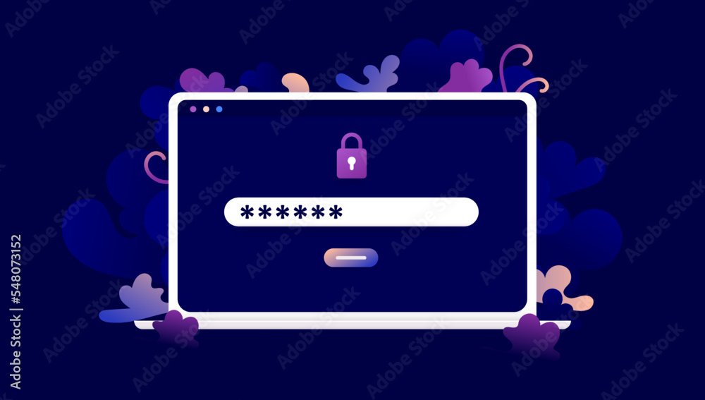 Leinwandbilder Password login - Laptop computer screen with hidden password trying to log in on web page. Semi flat vector illustration with dark floral background