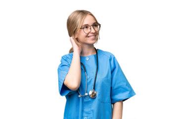 Young nurse English woman over isolated background thinking an idea