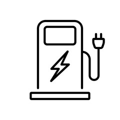 Charger with Plug for Electric Auto Line Icon. Electric Station for Vehicle Car Pictogram. Charge Station for Green Energy Automobile Outline Icon. Editable Stroke. Isolated Vector Illustration