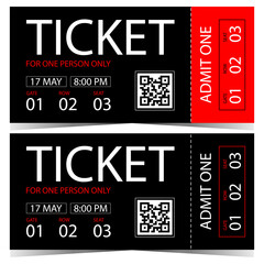 Ticket template design with QR code. Entrance ticket, coupon, talon or flyer with event date and time, suitable for cinema, exhibition, concert, party, disco, nightclub, private areas access.