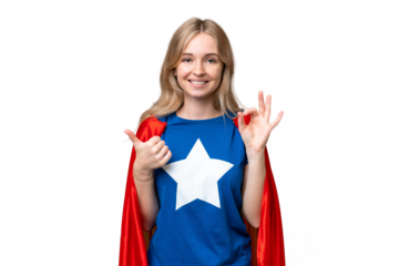 Super Hero English woman over isolated background showing ok sign and thumb up gesture