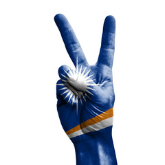 Hand making the V victory sign with flag of marshall islands