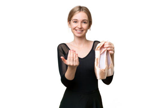 Young English woman practicing ballet over isolated background inviting to come with hand. Happy that you came