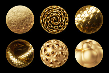 Fototapeta premium 3d render, set of round stickers with assorted gold textures. Clip art isolated on black background