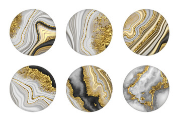Set of round stickers with assorted marble and agate textures. Clip art isolated on white background
