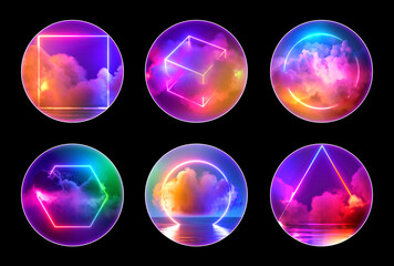 3d render, collection of neon round stickers, isolated on black background. Glowing laser geometric shapes and colorful clouds