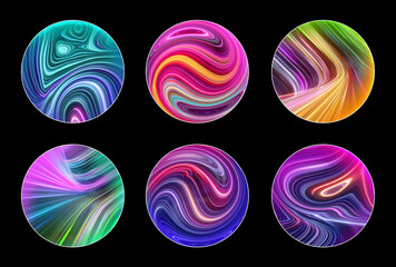 Set of round stickers with abstract colorful curvy lines. Clip art isolated on black background
