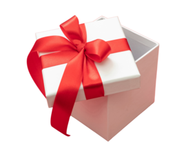 Christmas Gift box red ribbon isolated, transparent background. PNG. Valentine present open, satin decoration. 