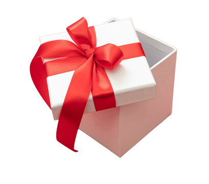 Christmas Gift box red ribbon isolated, transparent background. PNG. Valentine present open, satin decoration. 