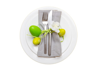 Easter table setting isolated transparent background, PNG. Easter eggs decoration, white plate, napkin and cutlery, top view