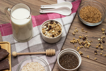 Bowl of chocolate granola with milk and other ingredients