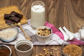 Bowl of chocolate granola with milk and other ingredients