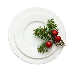 Obraz na płótnie Canvas Christmas table setting. Fir decoration on white plate, transparent background, PNG