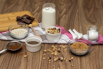 Bowl of chocolate granola with milk and other ingredients