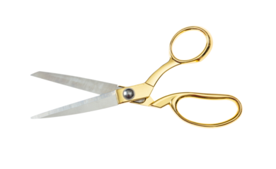 Scissors with golden handle isolated cutout on Transparent background, PNG.