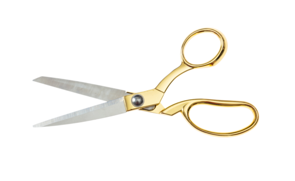 Scissors with golden handle isolated cutout on Transparent background, PNG.