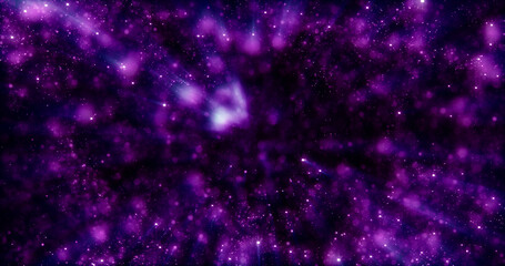 Purple and blue beautiful bright glowing shiny star particles flying in the galaxy in space energy magical with blur effect and bokeh. Abstract background, intro