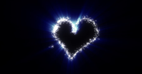 A heart from a flying comet salute love from particles and lines of luminous shiny gold on a blue background for Valentine's Day. Abstract screensaver