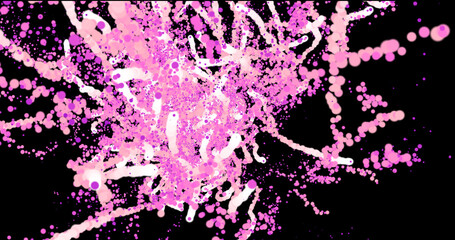 Abstract beautiful purple particle explosion of bright glowing smoke magical energy effect on a black background