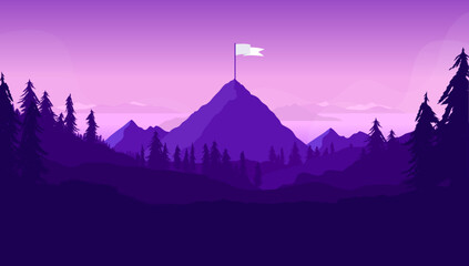 Flaggenziel auf Berggipfel - Berggipfel in Landschaft mit wehender Flagge auf dem Gipfel in dunkelvioletten Farben. Geschäftsstrategie, Führung, Planung und Herausforderungskonzept.
