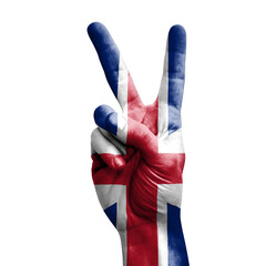 Hand making the V victory sign with flag of great britain