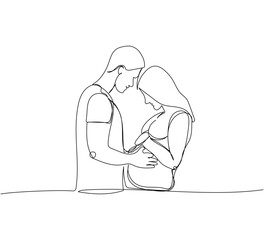 Couple in love, spouses, pregnant woman one line art. Continuous line drawing of pregnancy, motherhood, preparation for childbirth, family, expectation of a child.