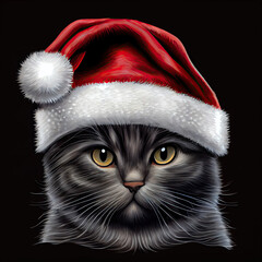Cute cat in a red Santas hat, christmas seasonal decorations, digitally painted on a dark background