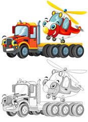 happy cartoon tow truck driver with helicopter