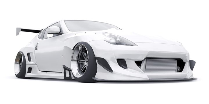 Tokyo. Japan. March 3, 2022. Green Nissan Z. Tuned sports racing car with arch extensions, air suspension and a huge spoiler. 3d rendering.
