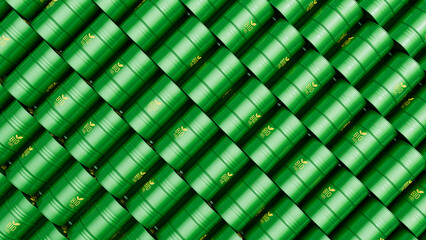 Fototapeta na wymiar Many green biofuel barrels or biodiesel drums shot from top. Sustainable energy concept. 3d render illustration