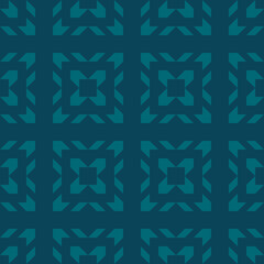 Vector geometric seamless pattern with tribal ethnic motif. Modern folk ornament. Simple abstract texture with grid, lattice, squares, floral shapes. Teal green color. Vintage style repeat background