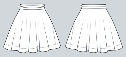 Women's Mini Skirt technical fashion illustration. Cirkle Skirt fashion flat drawing template, waistband, zip-up, front and back view, white, CAD mockup. - obrazy, fototapety, plakaty