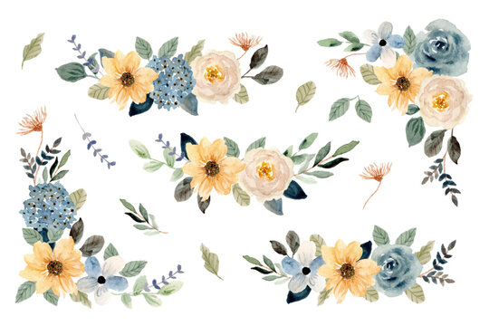 yellow blue floral border watercolor collection