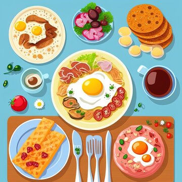Healthy breakfast meals cartoon style. flat illustration
