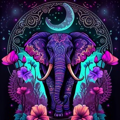 Obraz premium Boho elephant. Mandala, Floral design,Tribal, India, hippie. Dark Psychedelic colors