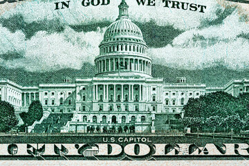 The Capitol building close-up on a paper bill of 50 American dollars. Macro photo of the Capitol on US 50 dollar bill.