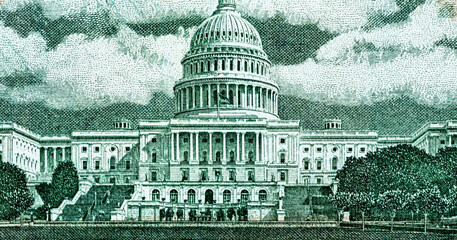 The Capitol building close-up on a paper bill of 50 American dollars. Macro photo of the Capitol on US 50 dollar bill. - 548080550