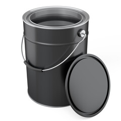 Open metal can or buckets of paint with handle on white background.