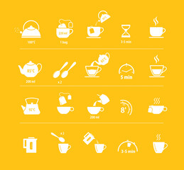 Set of methods of brewing tea and coffee. Preparation instructions. Vector silhouettes elements for infographics. Set of sign for detailed guideline. Ready for your design.