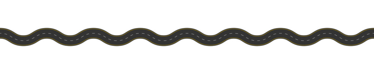 Empty curved road with marking. Aerial view. Seamless highway template. Part of city street roadway isolated on white background. Vector flat illustration.