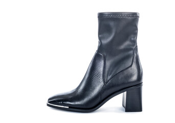 Women's Black Leather High Heel Ankle Boot With Metal Square Toe Isolated on White