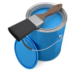 Open metal can or buckets with paint bristle brush on white background.