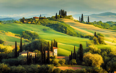 Fototapeta premium Beautiful and miraculous colors of spring panorama landscape of Tuscany, Italy. Tuscany landscape with grain fields, cypress trees and houses on the hills at sunset. 