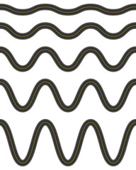 Set of empty winding roads with marking. Top aerial view. Seamless highway template. Element of city or countryside roadway isolated on white background. Vector flat illustration