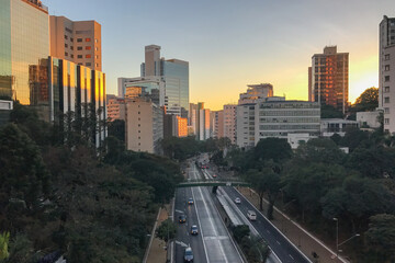 Aerial view of Sao Paulo city, Nine of July Avenue, at sunrise
